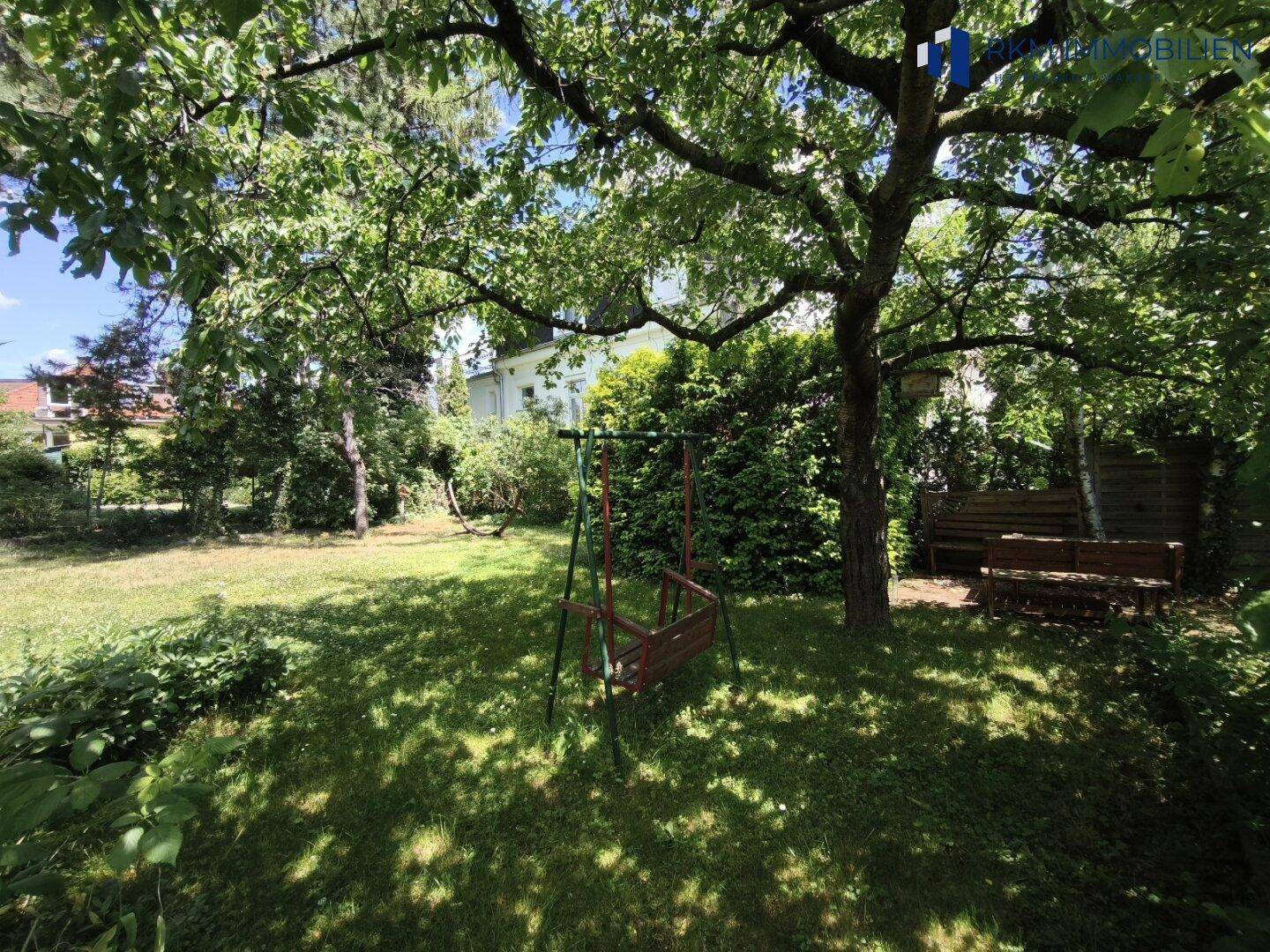 Grüner Garten mit Schaukel unter einem großen Baum, ideal zum Entspannen und Spielen.