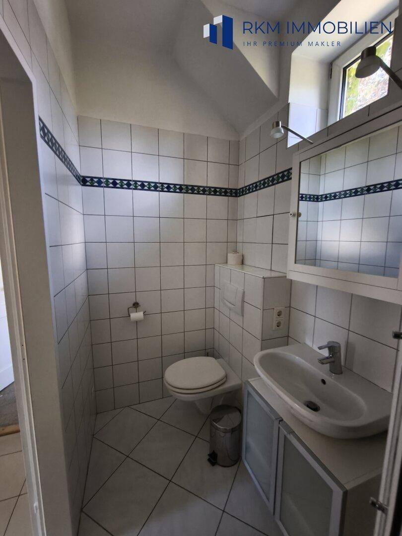 Badezimmer mit WC, Waschbecken und Spiegelschrank, gefliest und gut beleuchtet.