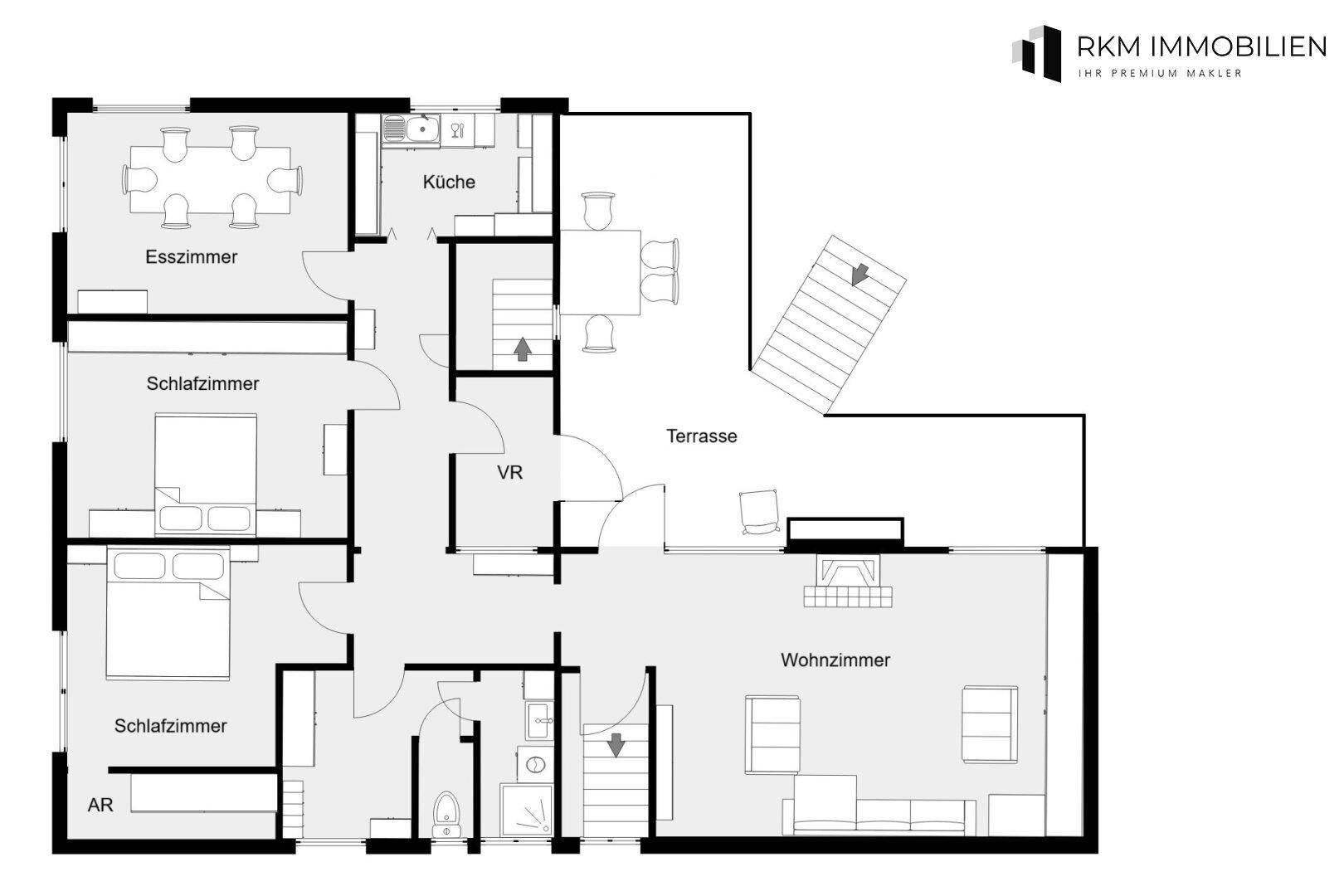 Grundriss einer Wohnung mit Wohnzimmer, Esszimmer, Küche, zwei Schlafzimmern und einer Terrasse.