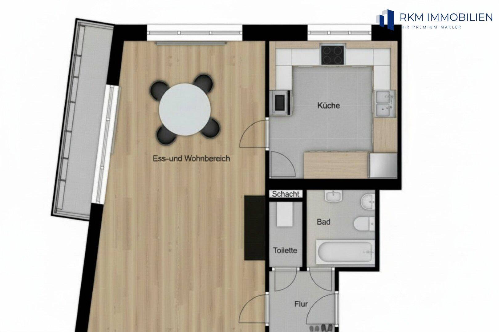 Grundriss einer Wohnung mit offenem Wohn- und Essbereich, Küche, Bad und separater Toilette.
