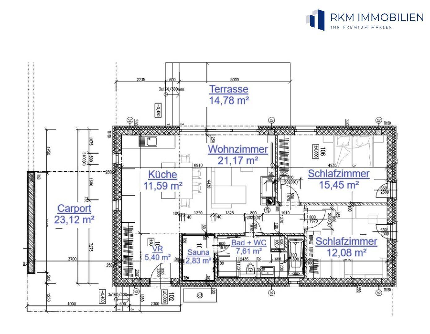 Grundriss des Hauses mit Küche, Wohnzimmer, zwei Schlafzimmern, Bad und Terrasse.