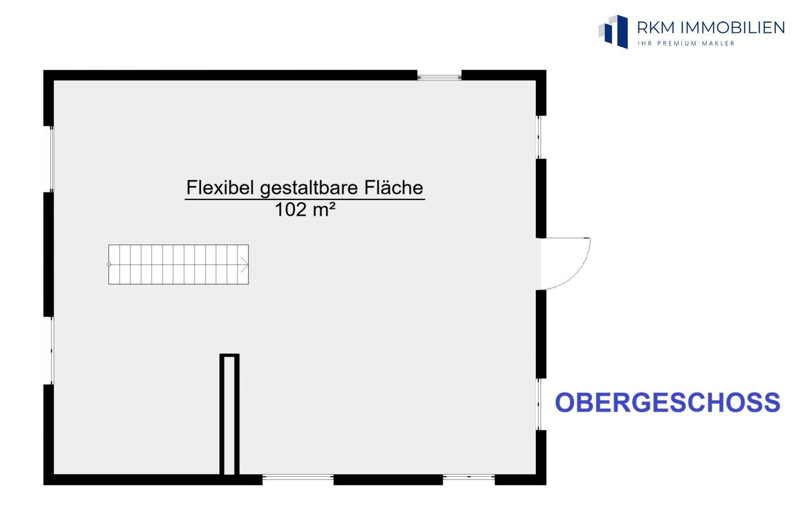 Grundriss des Obergeschosses mit flexibel gestaltbarer Fläche von 102 m² und Treppenaufgang.