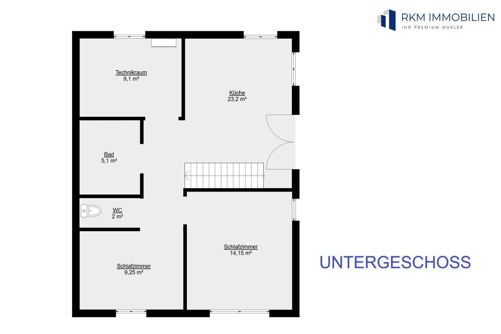 Grundriss des Untergeschosses mit Technikraum, Küche, Bad, WC und zwei Schlafzimmern.