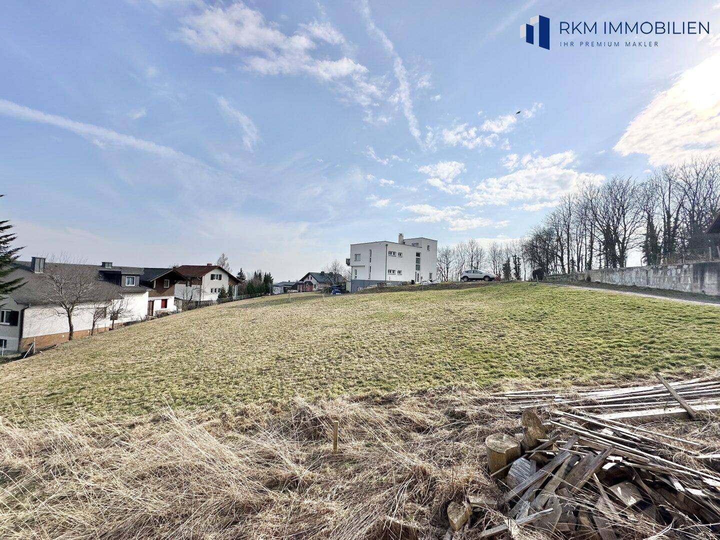 Panoramablick über eine weitläufige Wiese mit vereinzelten Häusern in der Ferne unter blauem Himmel.
