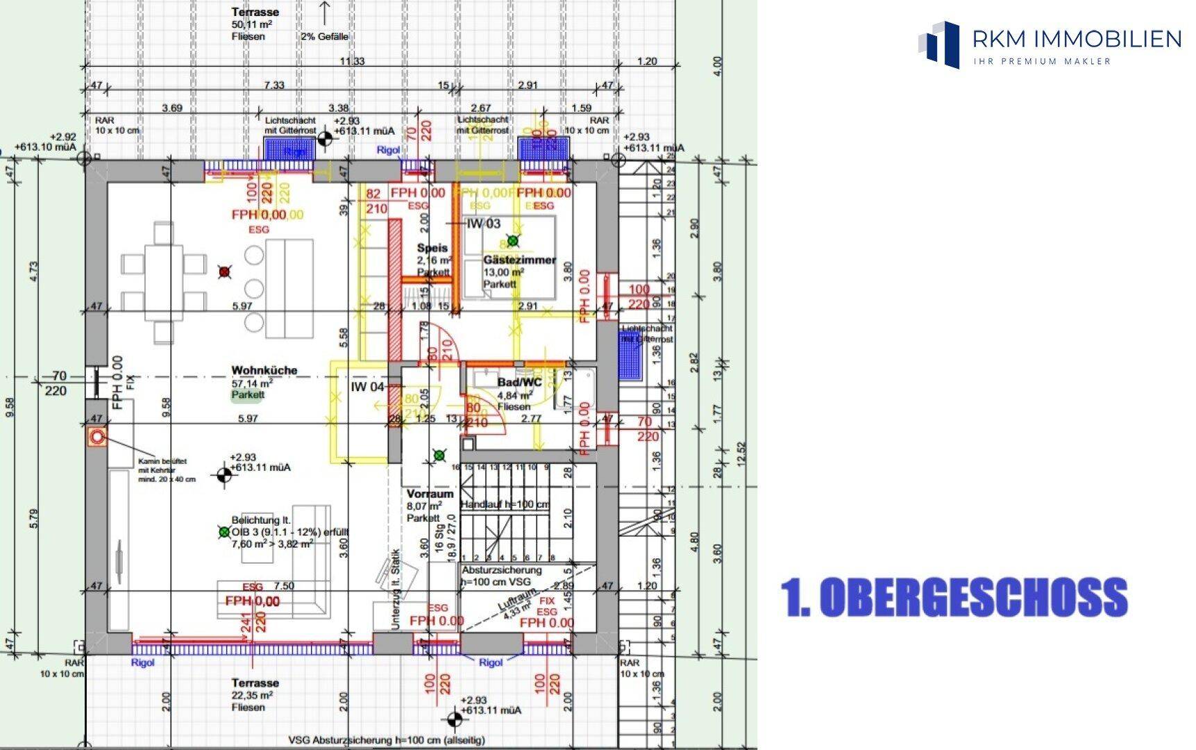 Grundriss des ersten Obergeschosses mit Wohnküche, Gästezimmer und Terrasse.