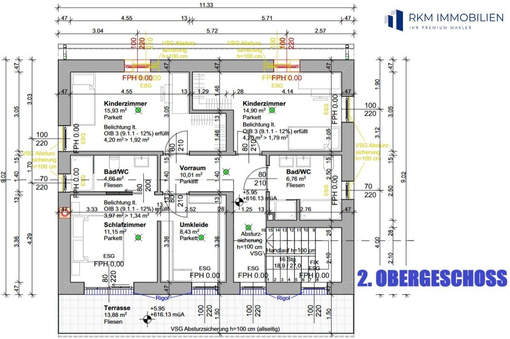 Grundriss des zweiten Obergeschosses mit Schlafzimmern, Bädern und einer weiteren Terrasse.