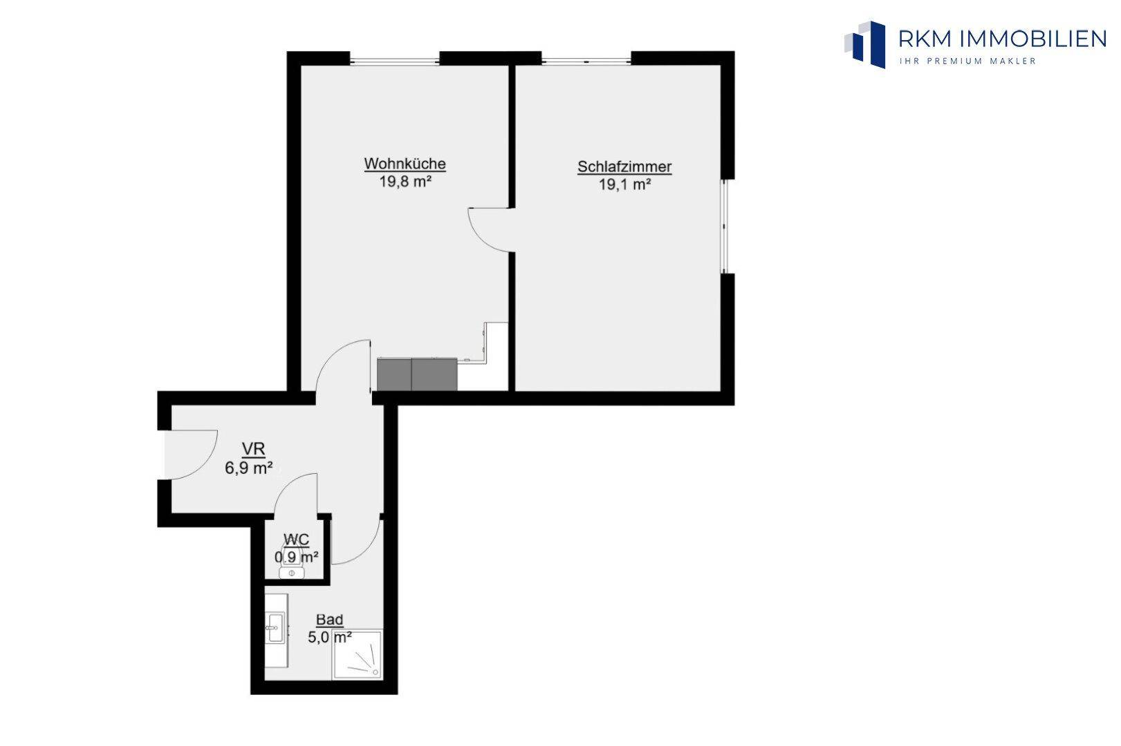 Grundriss der Wohnung mit Wohnküche, Schlafzimmer, Bad und WC.