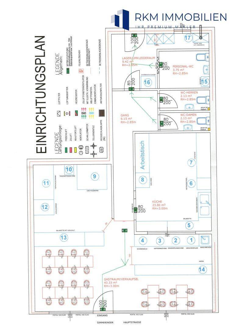 Detaillierter Einrichtungsplan für ein Restaurant mit Gastraum, Küche und Sanitärbereichen, inklusive Lager.