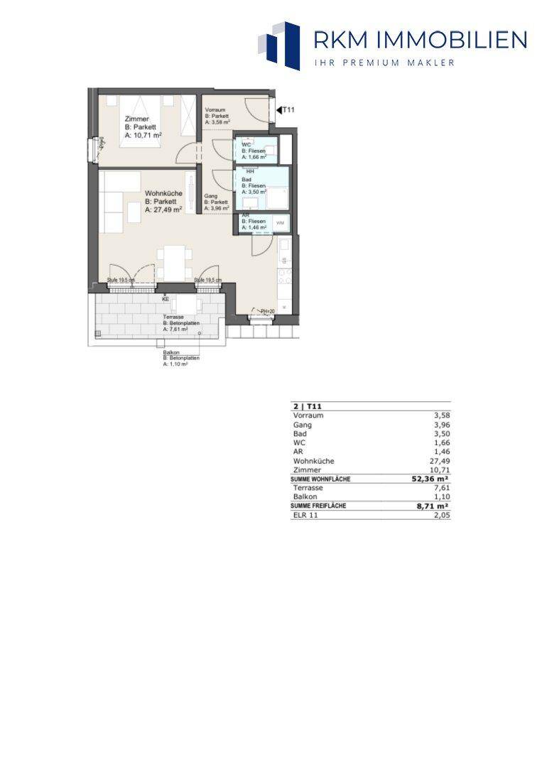 Grundriss der Wohnung mit Wohnküche, Schlafzimmern und Terrasse, inklusive Flächenangaben.