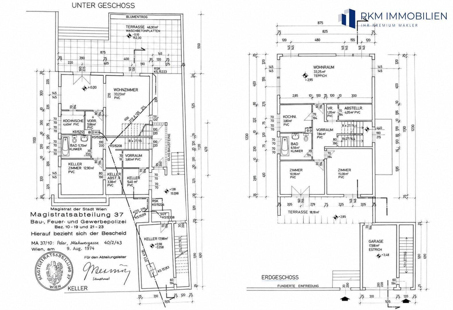 Detaillierter Grundriss des Untergeschosses und Erdgeschosses mit Raumaufteilung und Maßen.