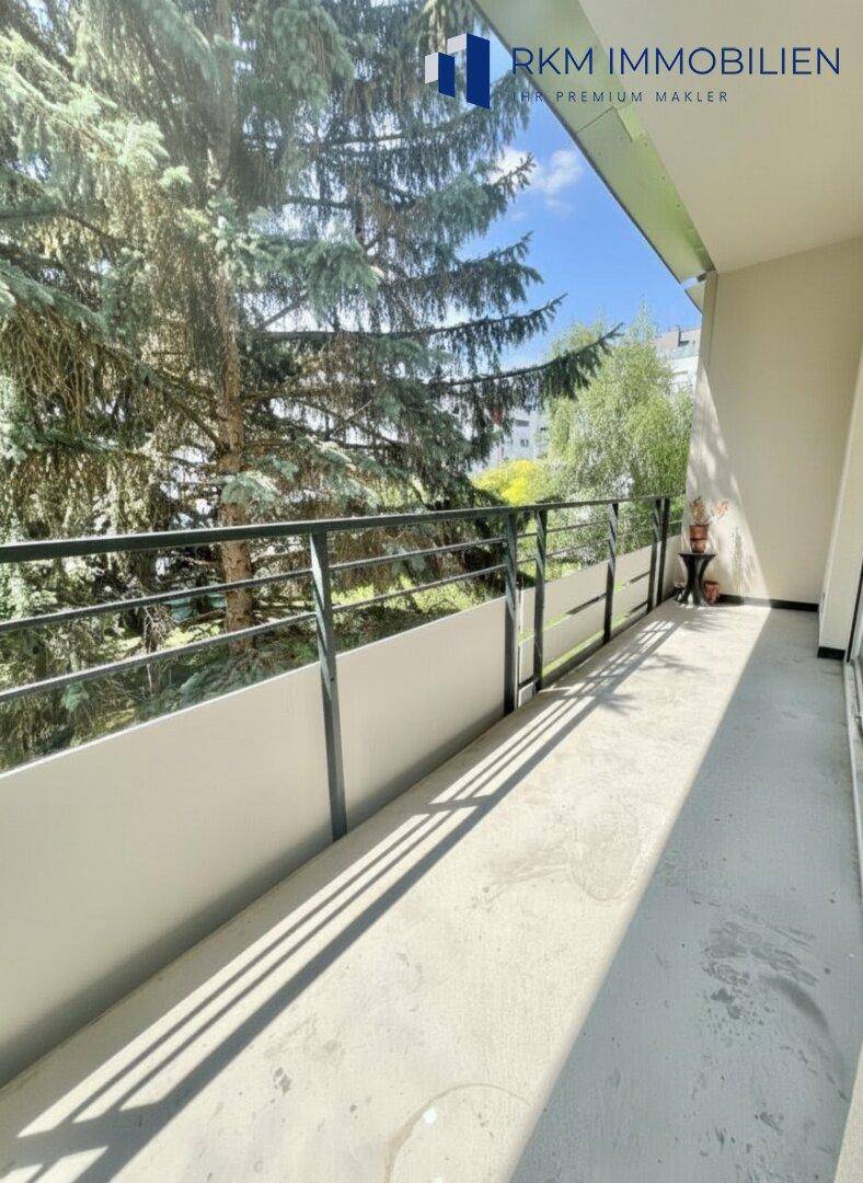 Langer Balkon mit Metallgeländer und umgeben von hohen Bäumen, bietet eine grüne Aussicht.