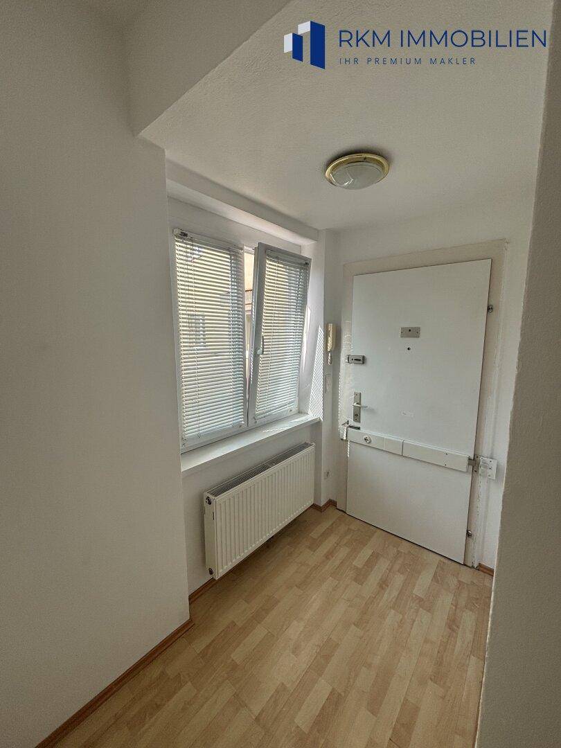 Eingangsbereich mit Parkettboden, Fenster mit Jalousien und Heizkörper unter dem Fenster.