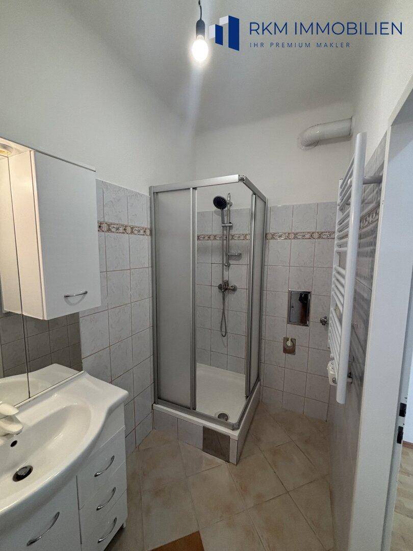 Badezimmer mit Duschkabine, Waschbecken und beheiztem Handtuchhalter an der Wand.