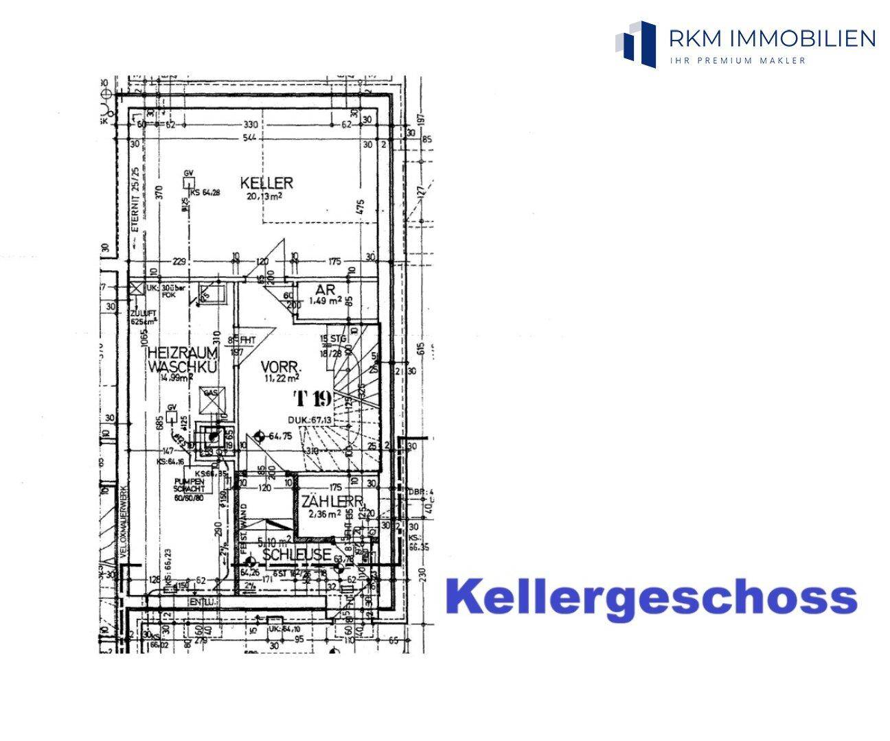 Grundriss des Kellergeschosses mit Heizraum, Waschküche und Lagerflächen.