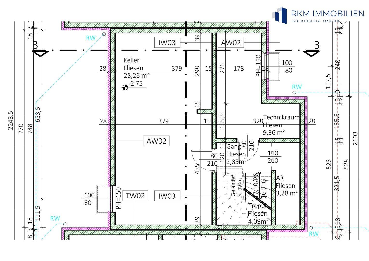 Grundriss des Kellergeschosses mit Technikraum, Gang und Treppenbereich.