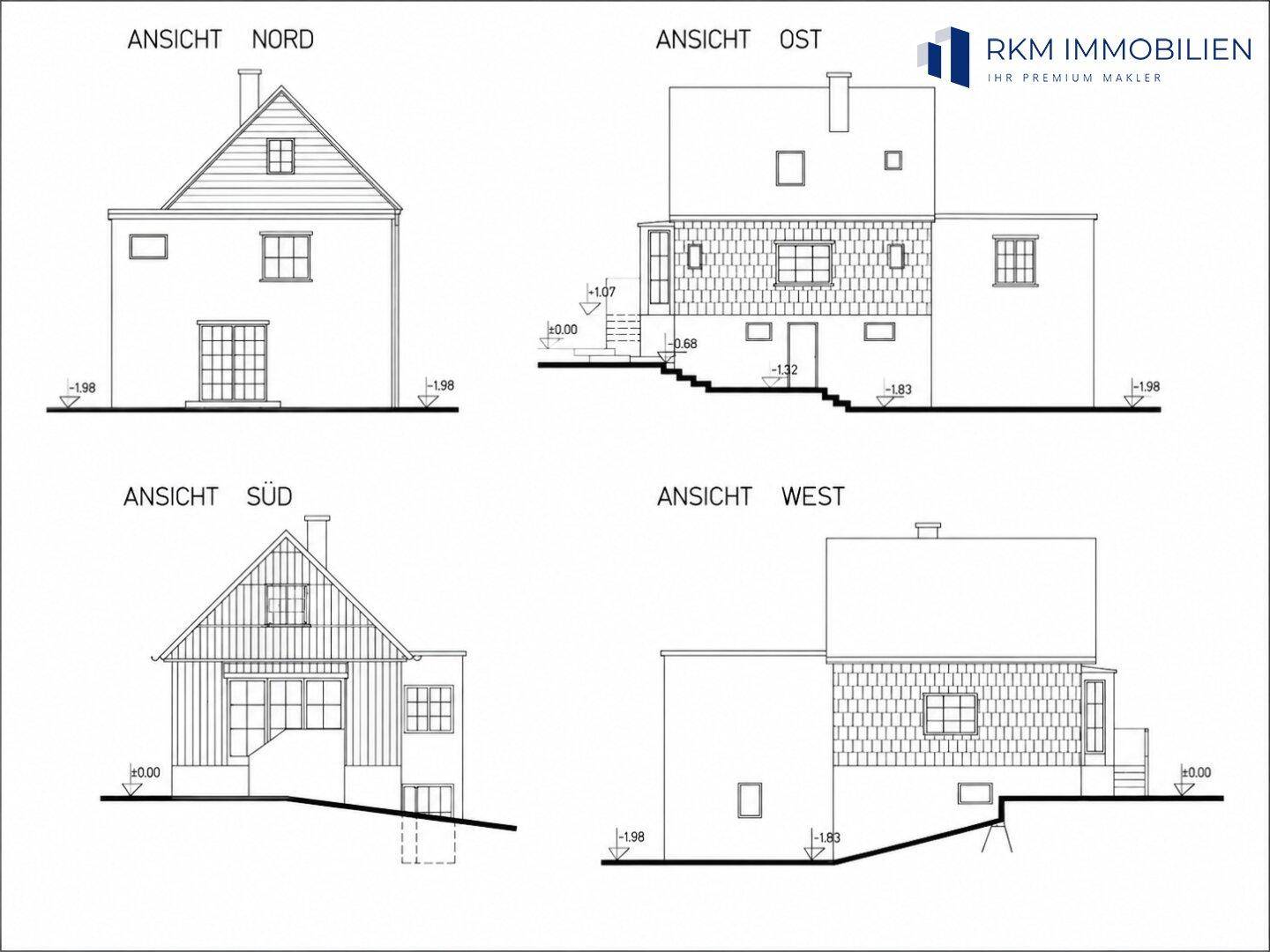 Architektonische Ansichten des Gebäudes von allen vier Himmelsrichtungen, Nord, Ost, Süd und West.
