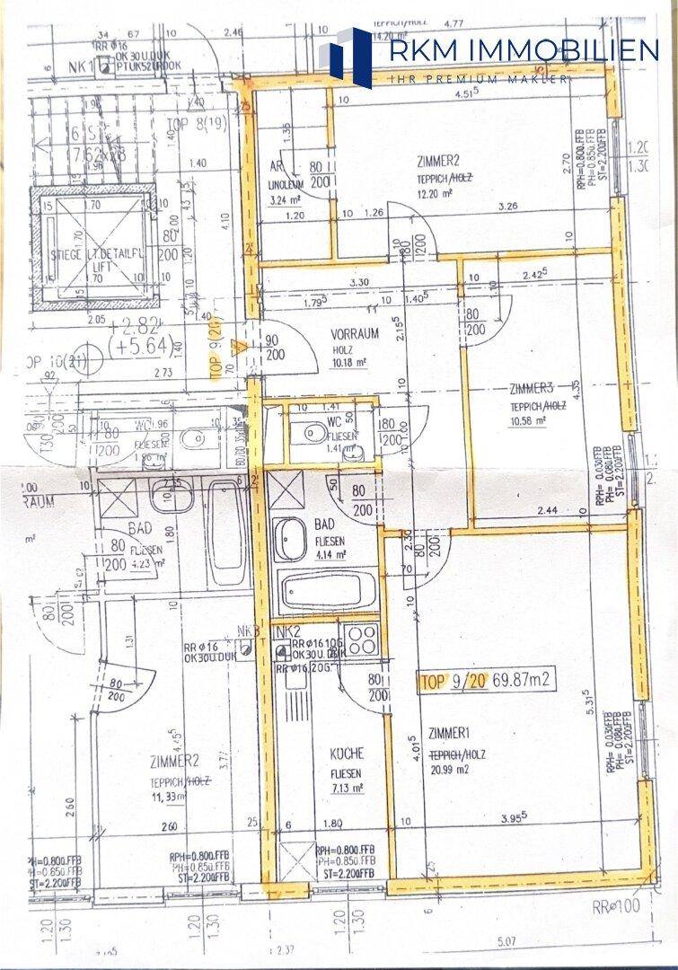 Detaillierter Grundrissplan der Wohnung mit Zimmeraufteilung und Flächenangaben.