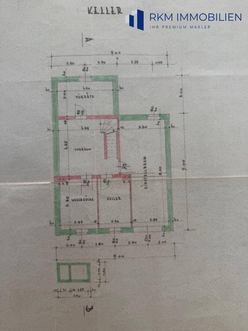 Detaillierter Grundriss des Kellers mit Waschküche, Vorratsraum und Einstellraum.