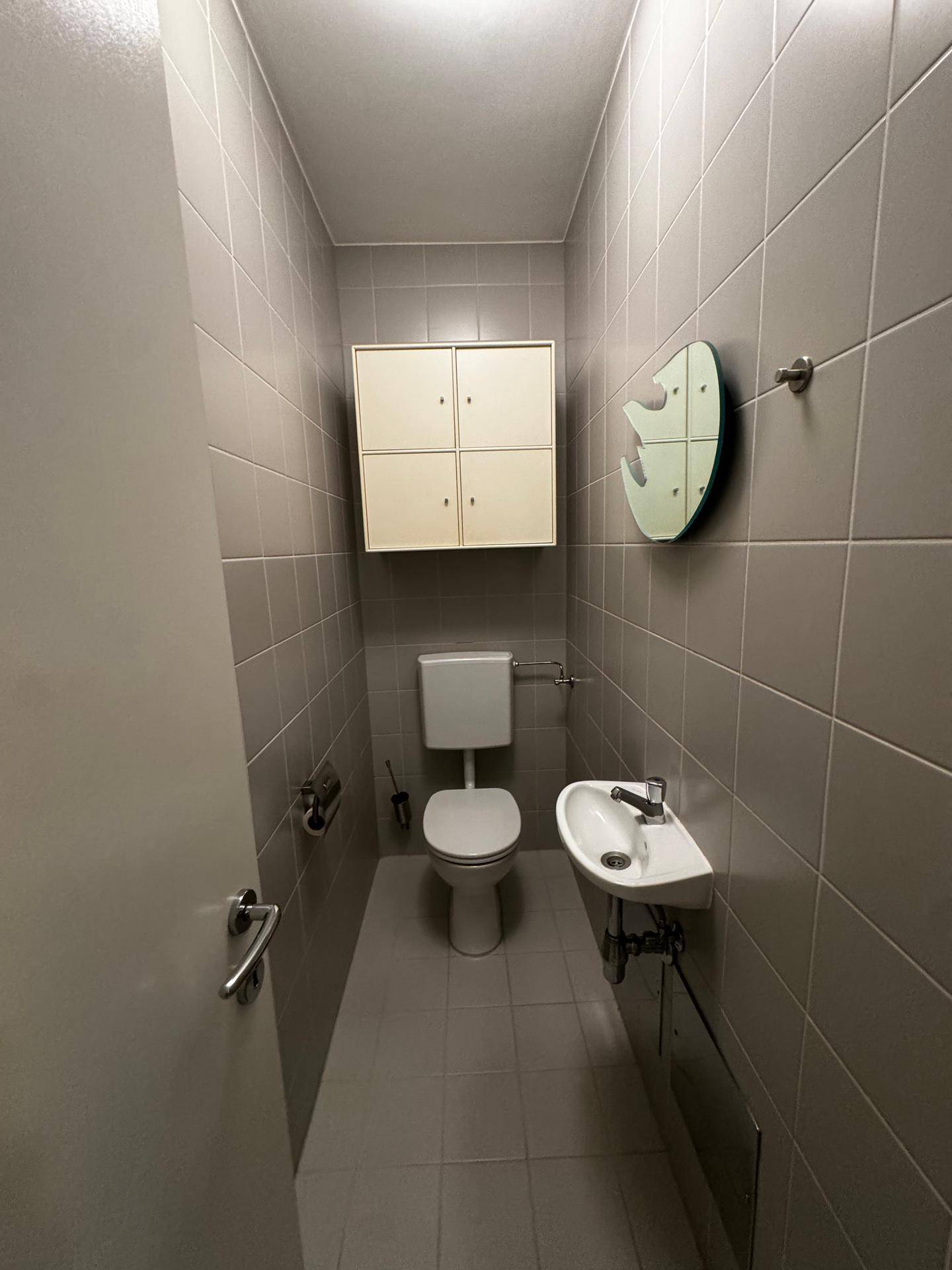 Kleines Gäste-WC mit grauen Fliesen, Toilette und Waschbecken.