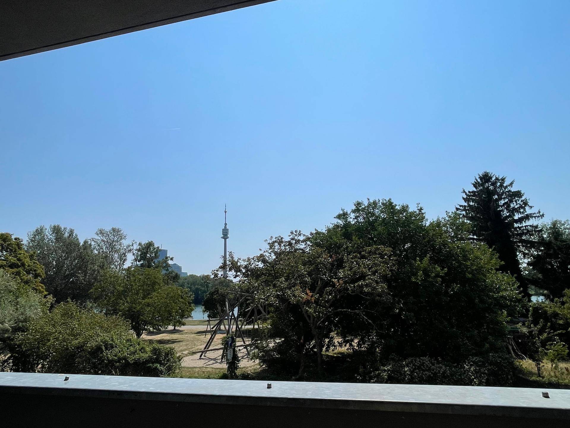Weitläufiger Blick vom Balkon auf einen Park, See und den Donauturm, bietet eine malerische Aussicht.