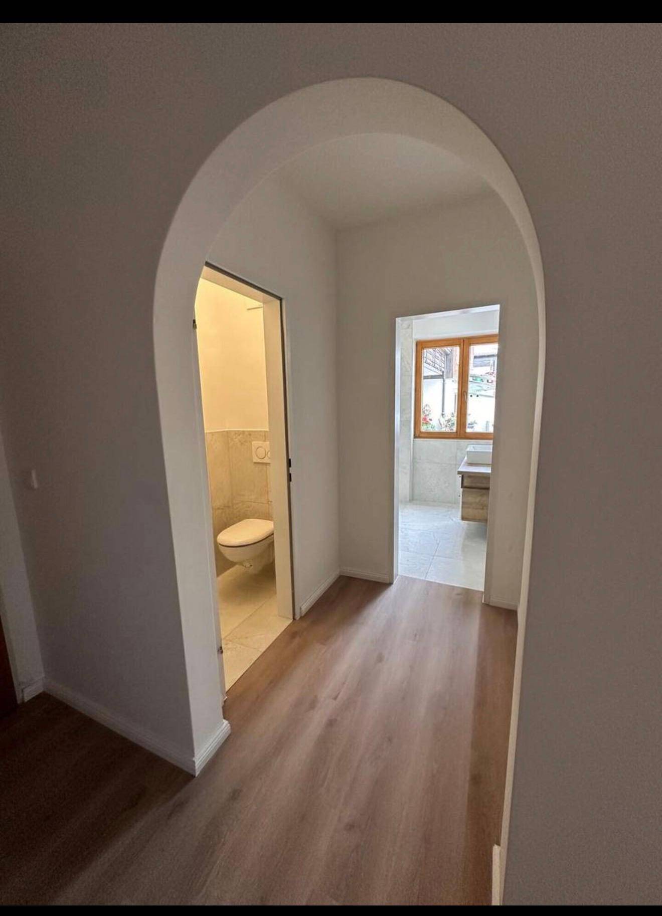 Heller Flur mit Laminatboden und einem eleganten Rundbogen, der zu weiteren Räumen führt.