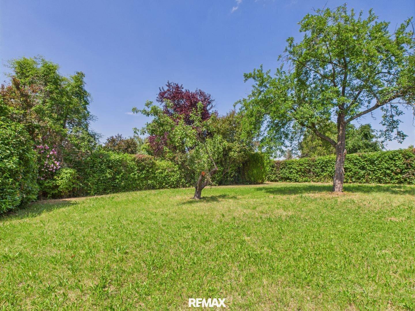 Weitläufiger, gepflegter Garten mit Rasenflächen, Bäumen und Hecken unter blauem Himmel.