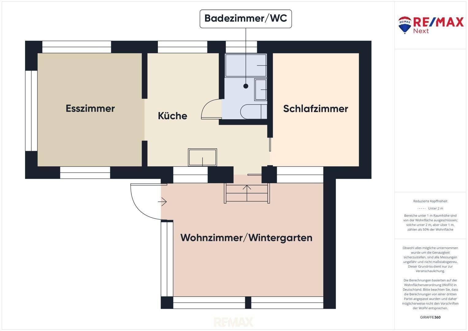 Grundriss des Gebäudes mit Esszimmer, Küche, Bad, Schlafzimmer und Wohnzimmer/Wintergarten.