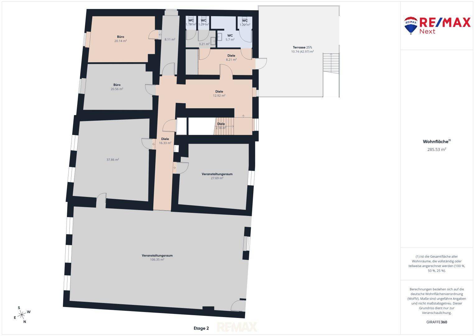 Grundriss des zweiten Obergeschosses mit Veranstaltungsräumen und Terrasse, ideal für Events.