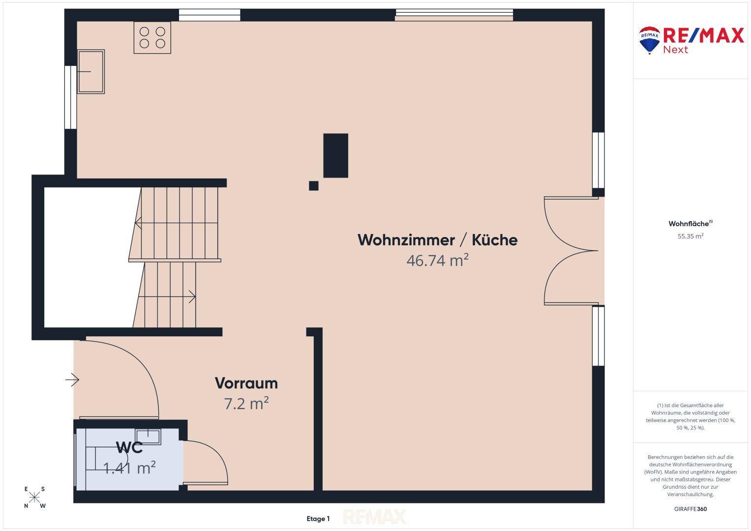 Grundriss der ersten Etage mit offenem Wohnzimmer, Küche und separatem WC.