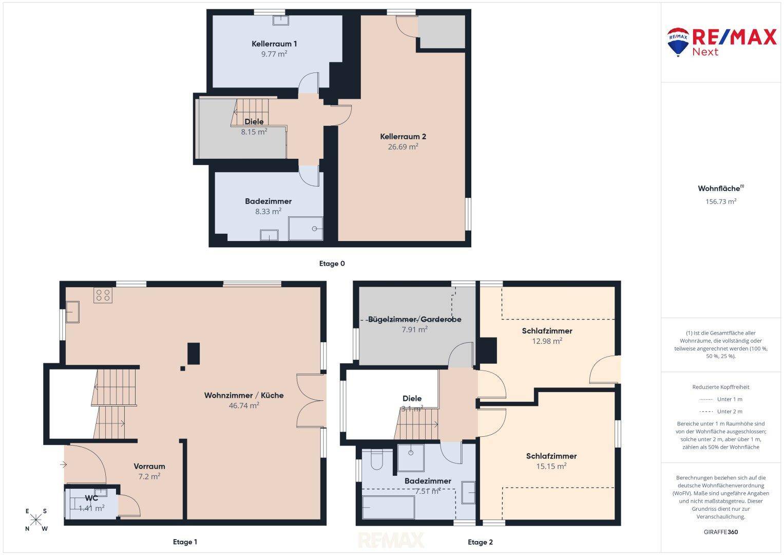 Gesamtübersicht der Grundrisse für Keller, Erdgeschoss und Obergeschoss des Hauses.