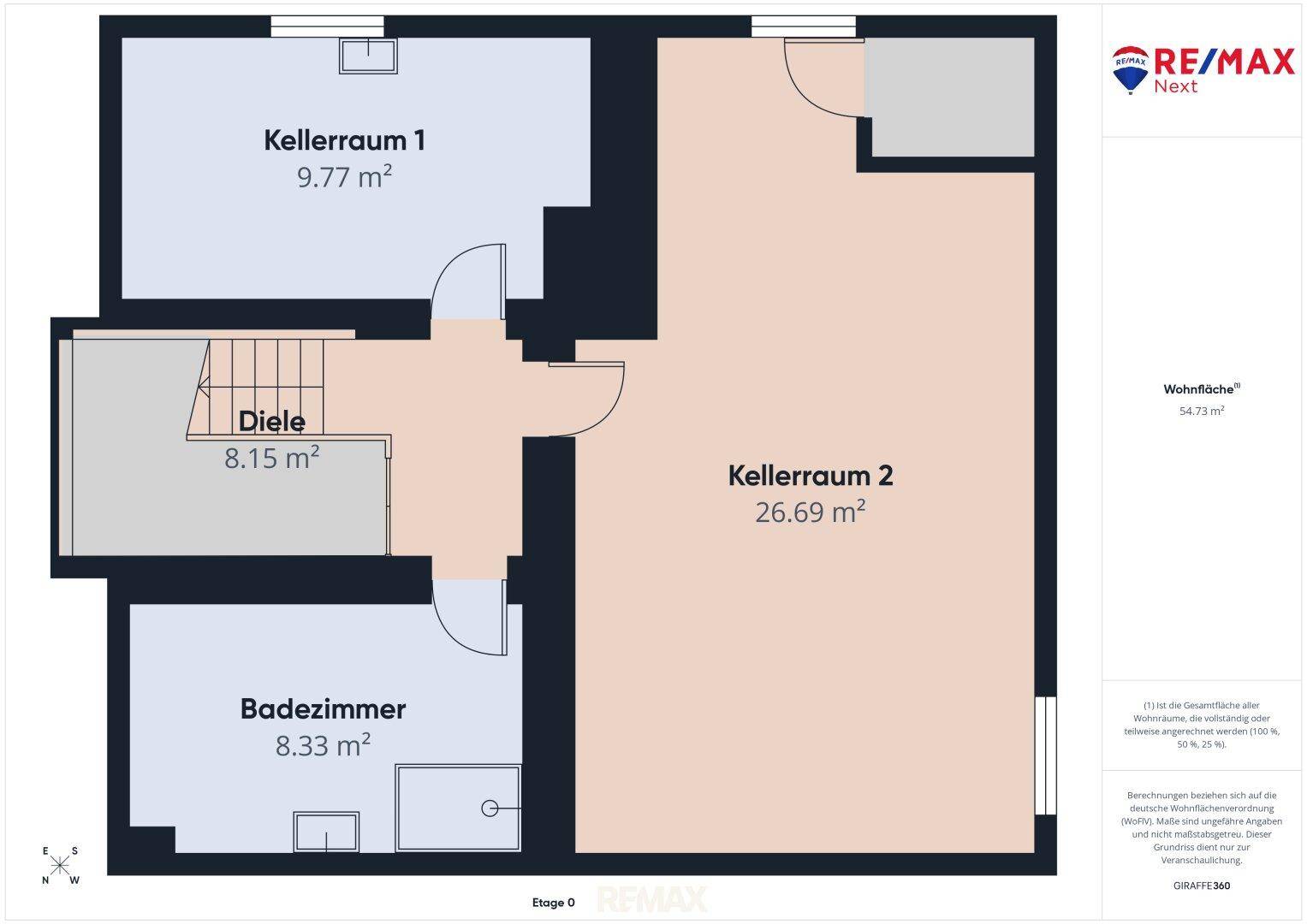 Grundriss des Kellergeschosses mit zwei Kellerräumen und einem zusätzlichen Badezimmer.