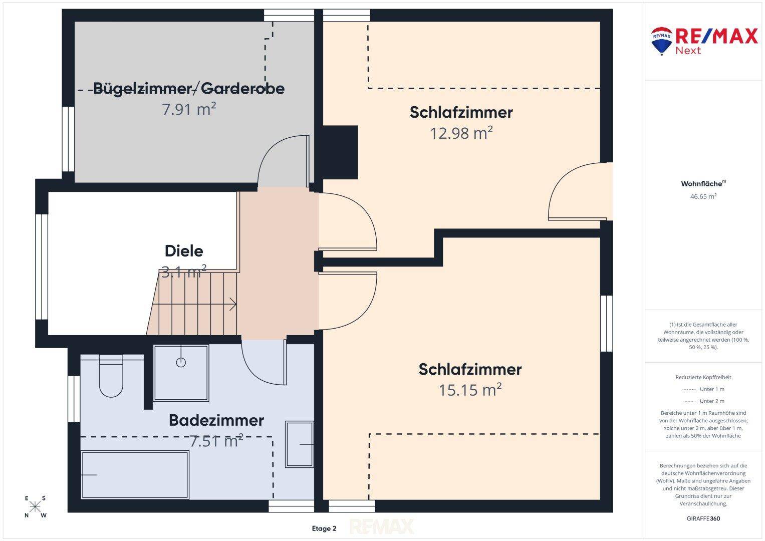 Grundriss der zweiten Etage mit zwei Schlafzimmern, Badezimmer und Ankleidebereich.