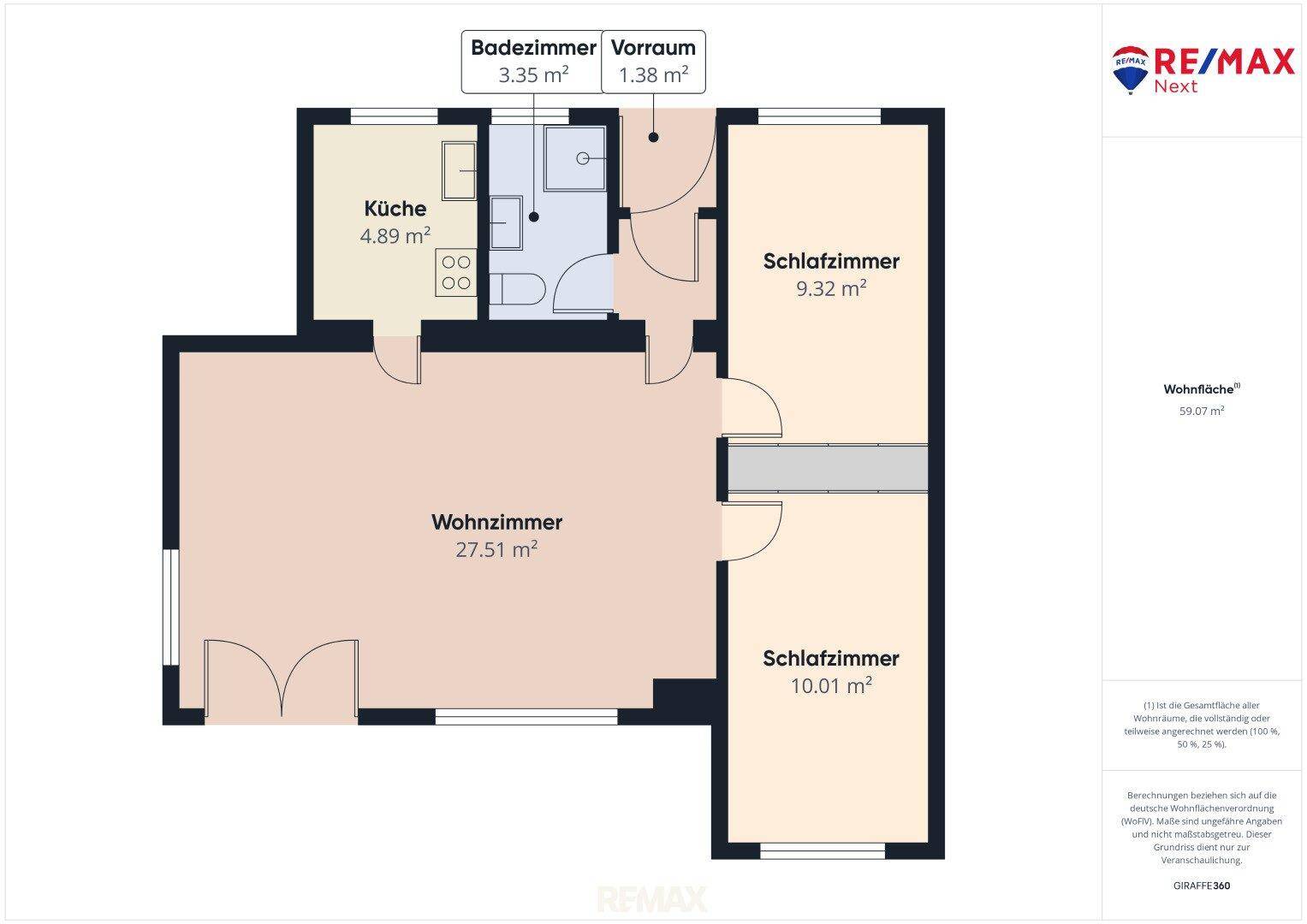 Grundriss der Wohnung mit Wohnzimmer, zwei Schlafzimmern, Küche und Badezimmer.