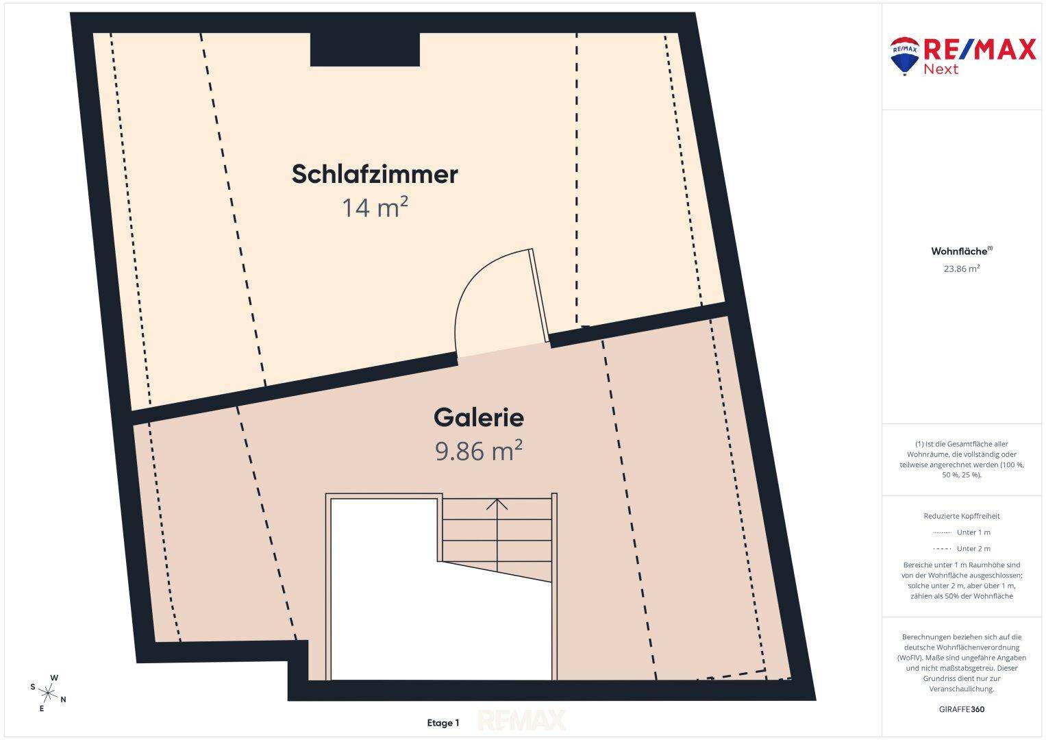 Grundriss der oberen Etage mit Schlafzimmer und offenem Galeriebereich unter der Dachschräge.