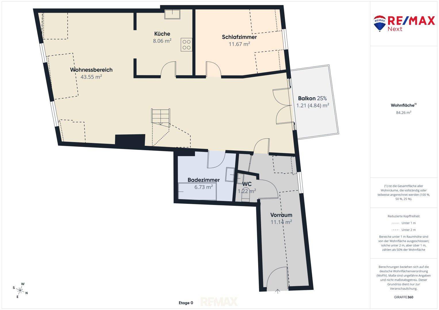 Grundriss der Etage 0 mit Wohnbereich, Küche, Schlafzimmer, Bad und Balkon.
