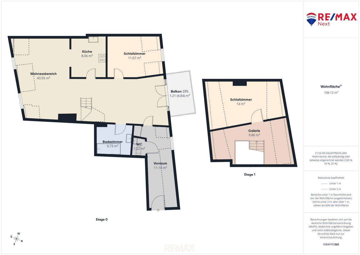 Gesamtgrundriss der Etagen 0 und 1 mit Wohnbereichen, Schlafzimmern und Balkon.
