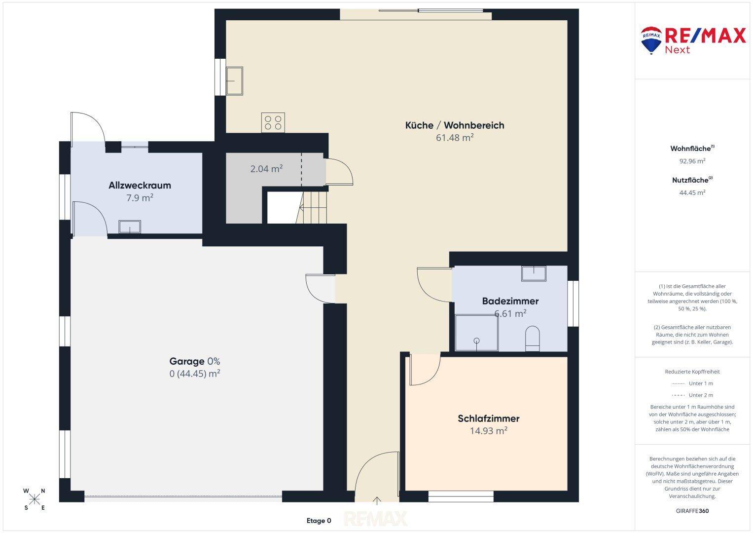 Grundriss der Etage 0 mit Küche, Wohnbereich, Schlafzimmer, Bad und Garage.
