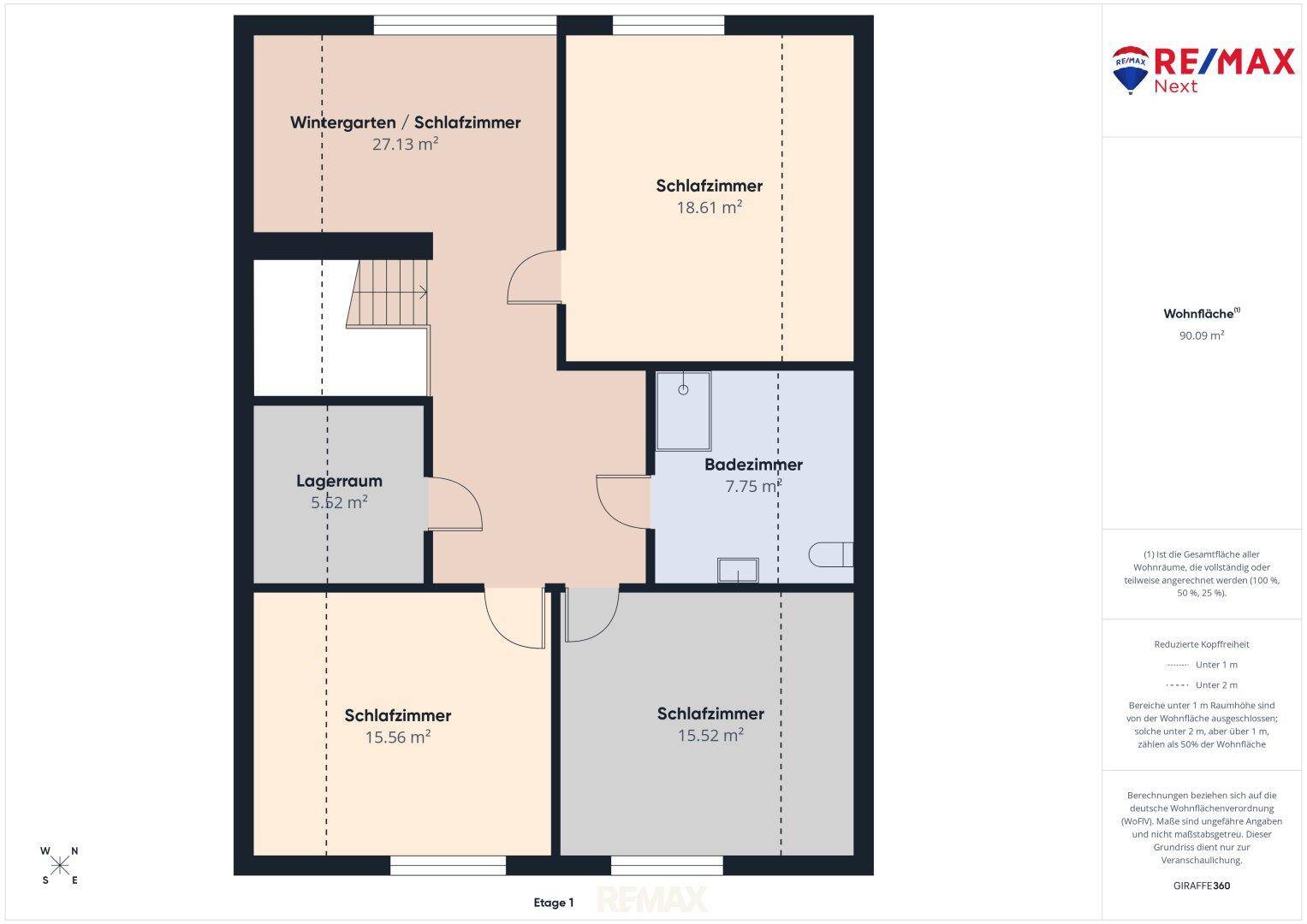 Grundriss der Etage 1 mit Wintergarten, drei Schlafzimmern, Bad und Lagerraum.