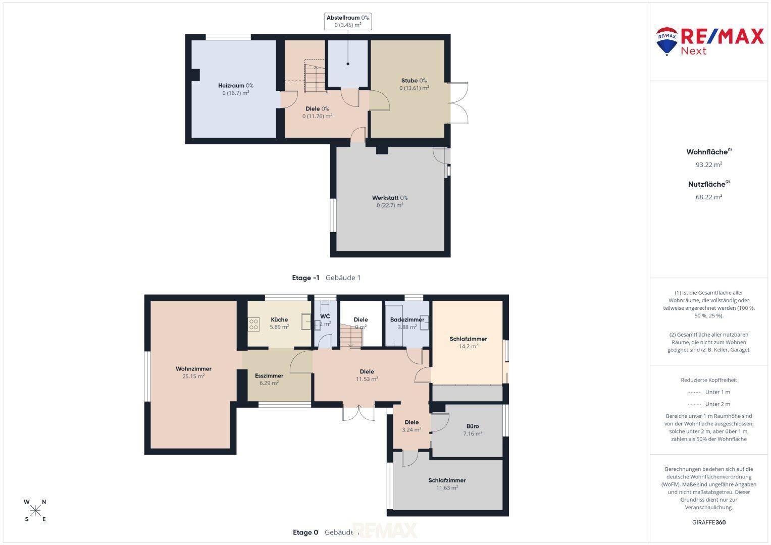 Grundrissplan des Hauses mit Erdgeschoss, Untergeschoss und separater Garage auf zwei Ebenen.