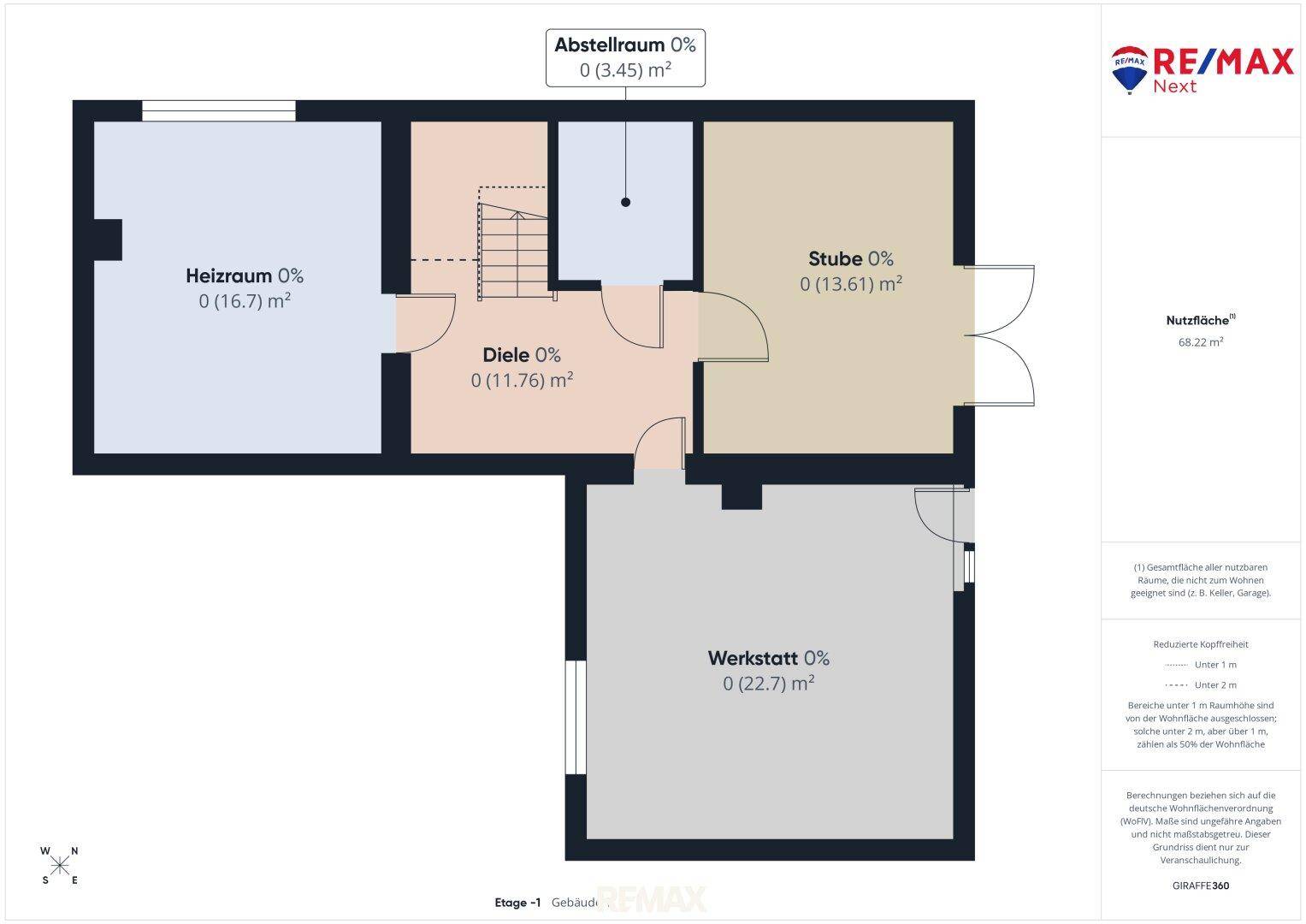Detaillierter Grundriss des Untergeschosses mit Heizraum, Diele, Abstellraum und Werkstatt.