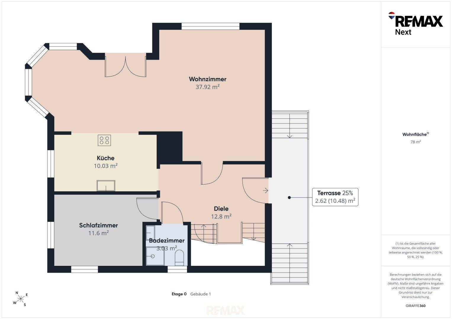 Grundriss der Erdgeschossebene mit Wohnzimmer, Küche, Schlafzimmer und Terrasse.