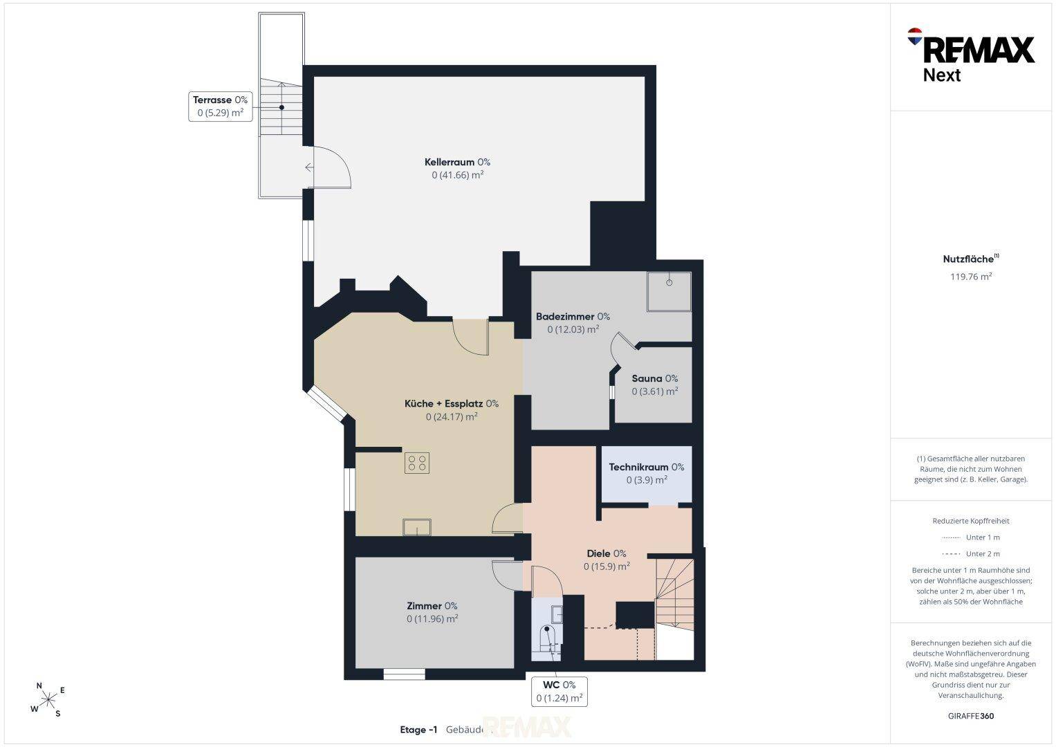 Grundriss der Untergeschossebene mit Kellerraum, Küche, Essplatz, Bad und Sauna.