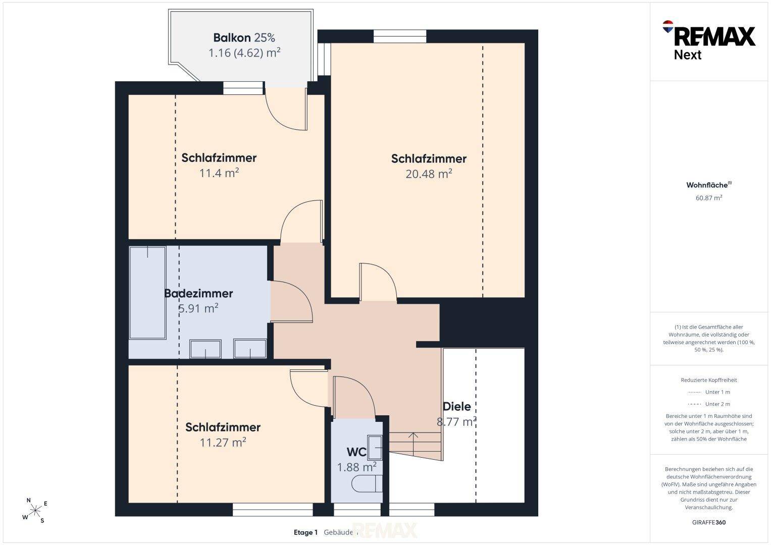 Grundriss der Obergeschossebene mit drei Schlafzimmern, Badezimmer und Balkon.