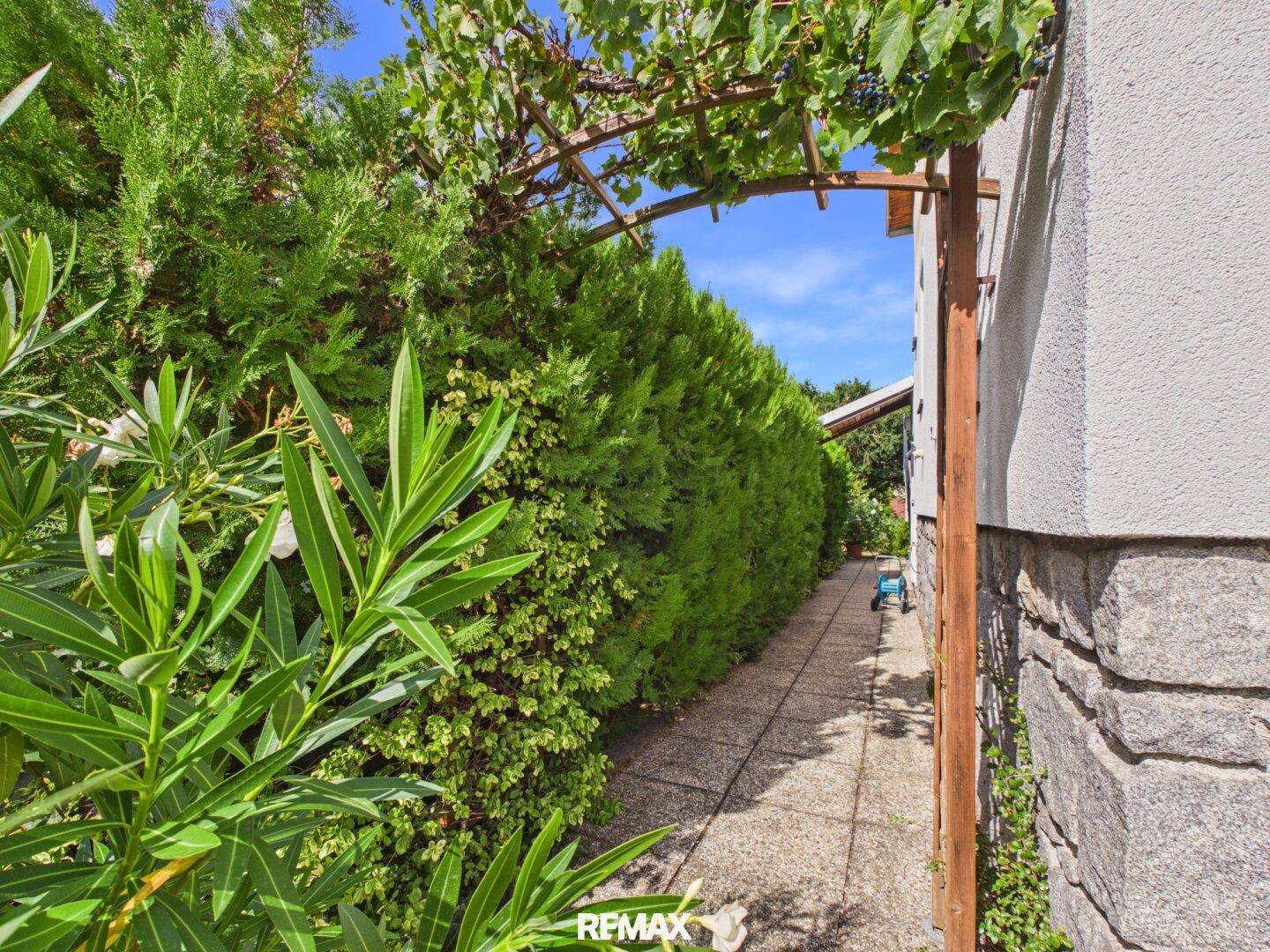 Schmaler gepflasterter Weg entlang des Hauses, umgeben von hohen Hecken und Pflanzen.
