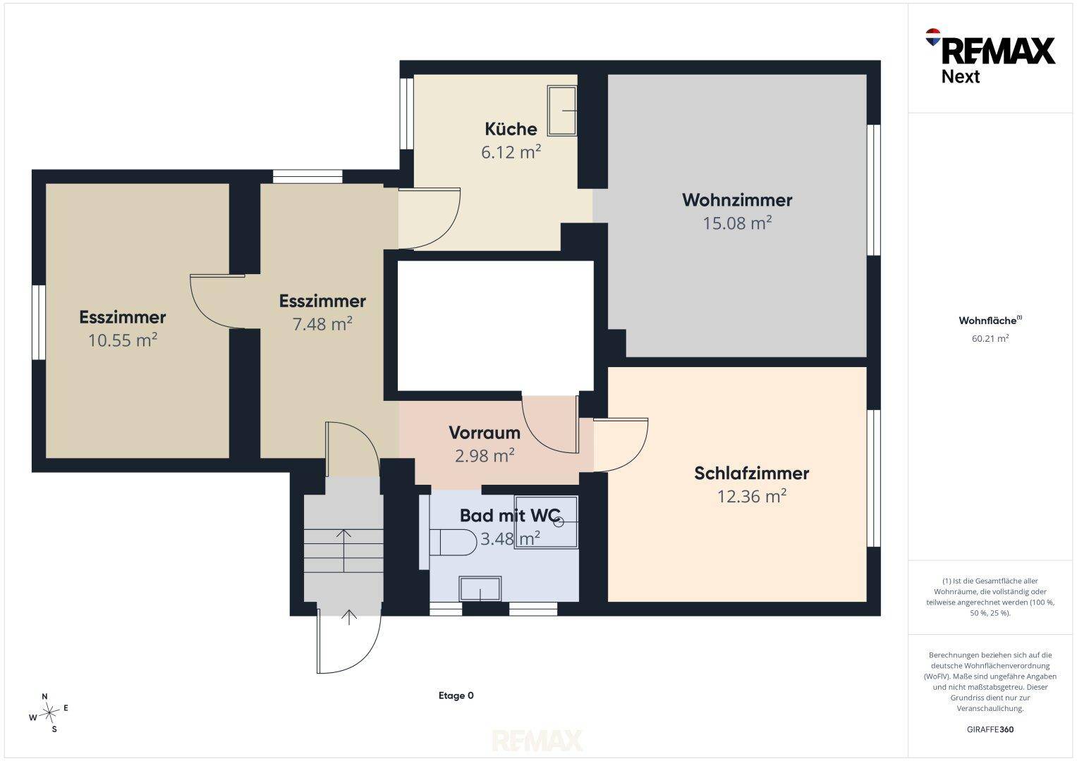 Grundriss der Etage 0 mit Küche, Esszimmer, Wohnzimmer, Schlafzimmer und einem Bad mit WC.