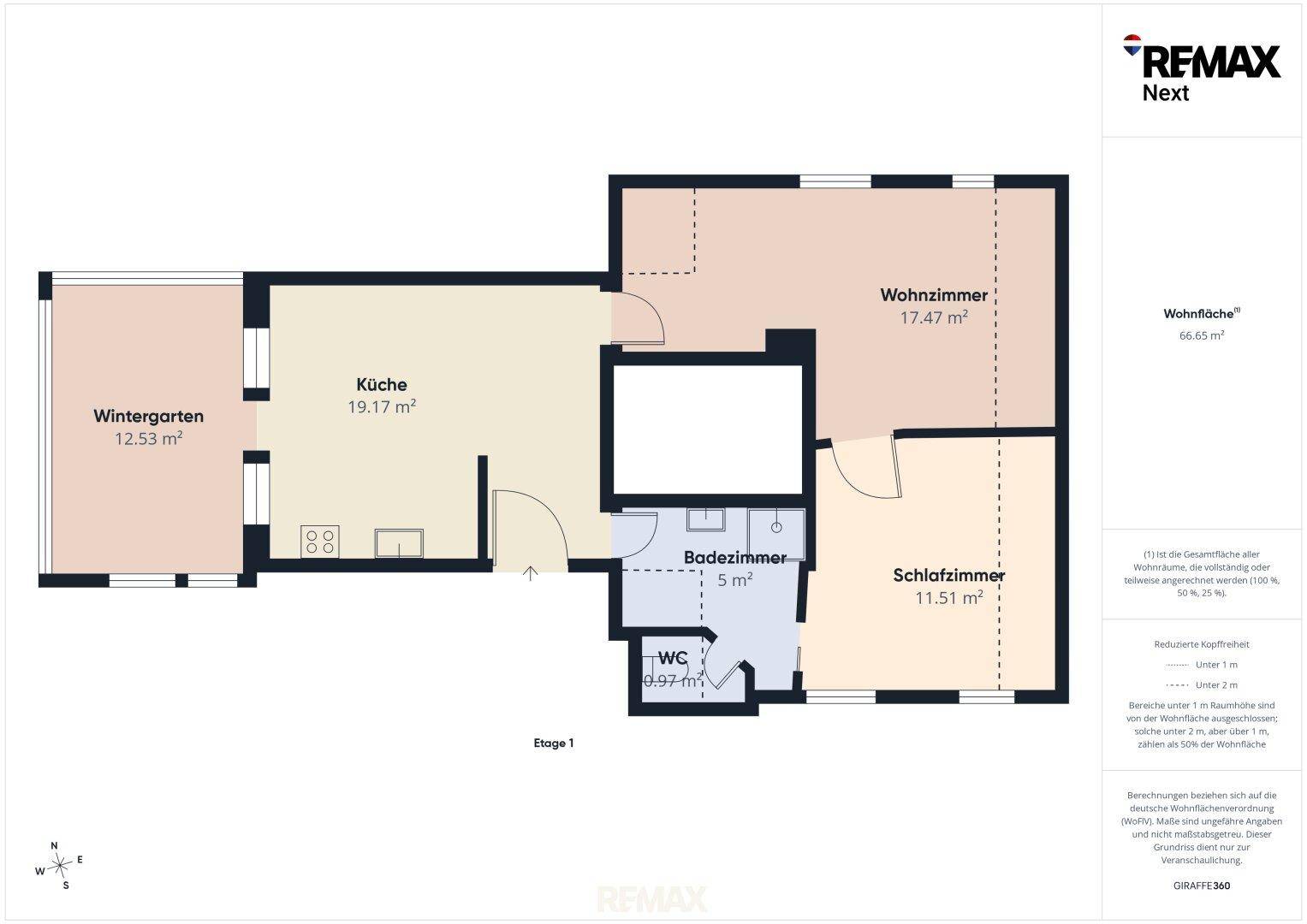 Grundriss der Etage 1 mit Wintergarten, Küche, Wohnzimmer, Schlafzimmer, Bad und separatem WC.