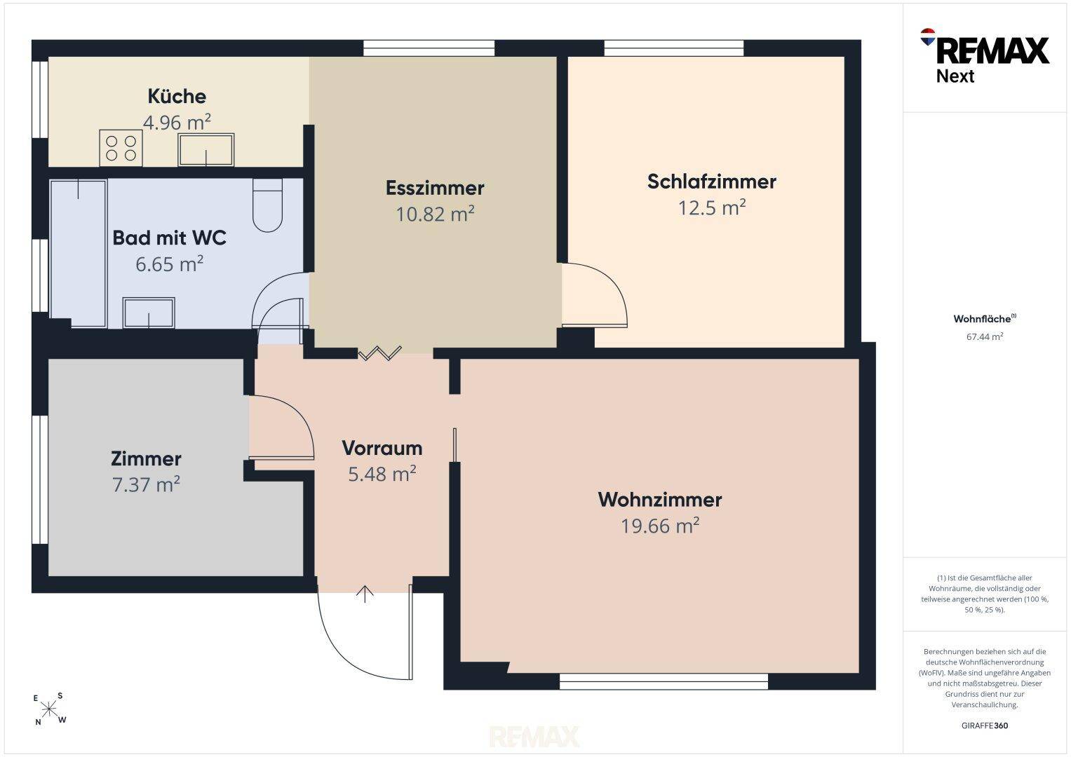 Grundriss des Hauses mit Aufteilung in Wohnzimmer, Schlafzimmer und Küche.