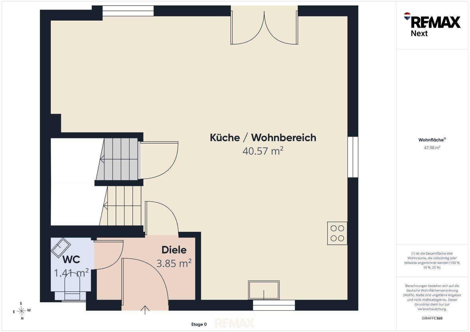 Grundriss des Erdgeschosses mit offenem Küchen-/Wohnbereich und separatem Gäste-WC.