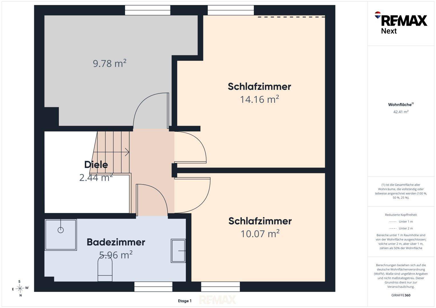 Grundriss des Obergeschosses mit zwei Schlafzimmern, einem Badezimmer und Diele.