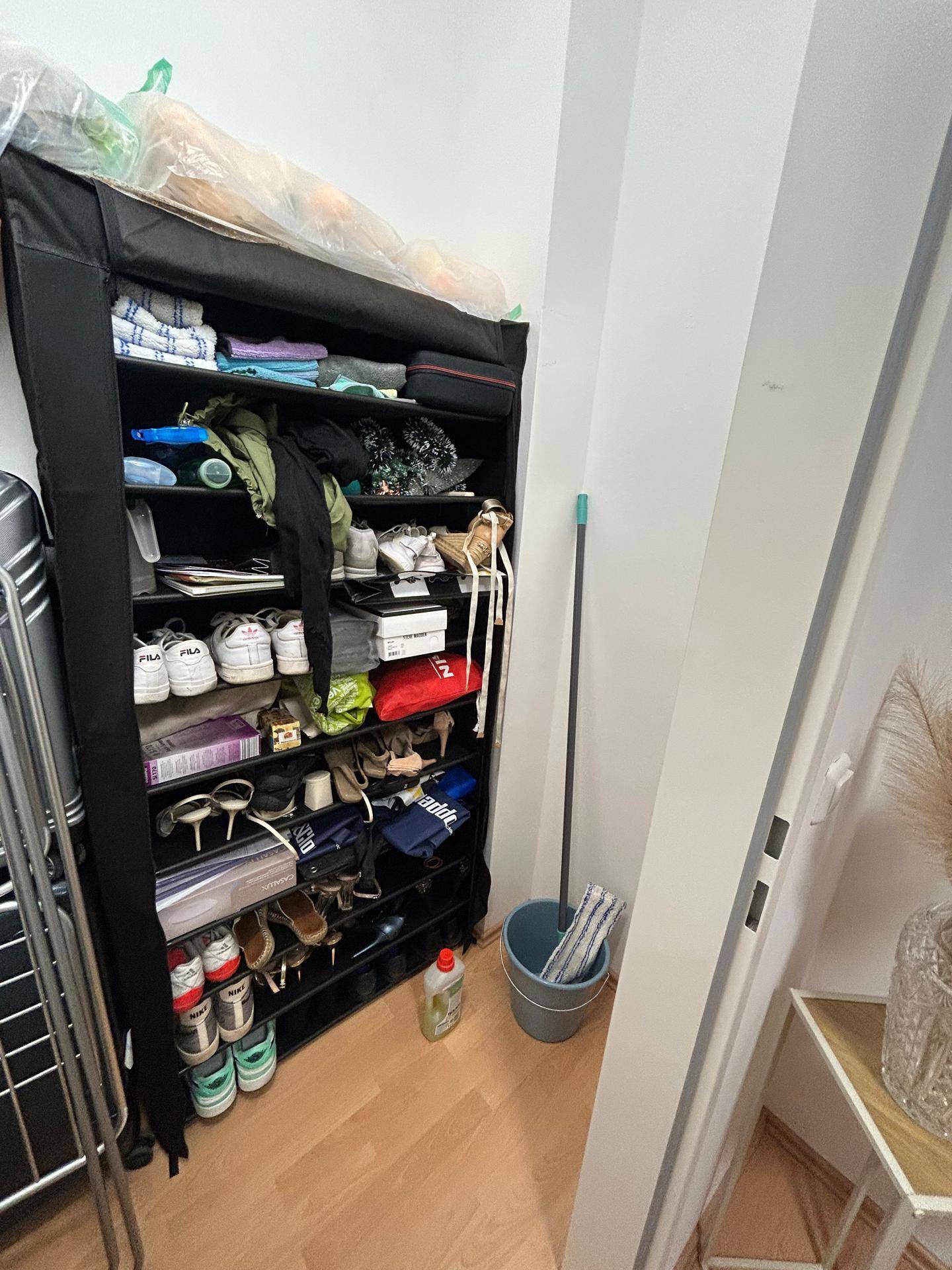 Gut organisierter Abstellraum mit Schuhregal und Reinigungsutensilien.